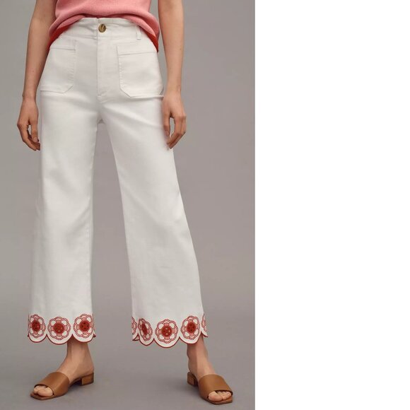 Anthropologie The Colette Scallop-Hem Crop Wide-Leg Jeans by Maeve 32 white new - Picture 3 of 5